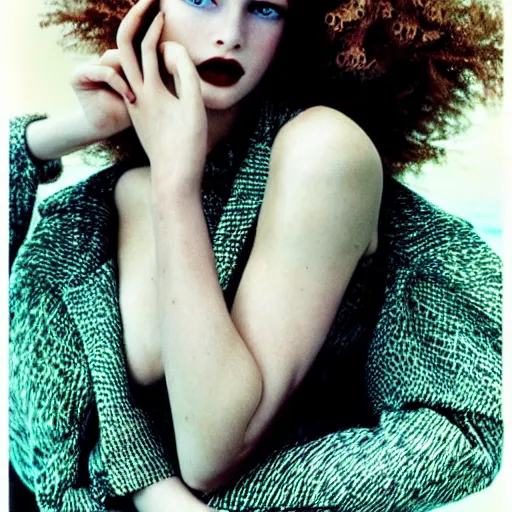 Image similar to a beautiful professional photograph by herb ritts, arthur elgort and ellen von unwerth for vogue and harper's bazaar magazines of a very beautiful lightly freckled and unusually attractive female fashion model