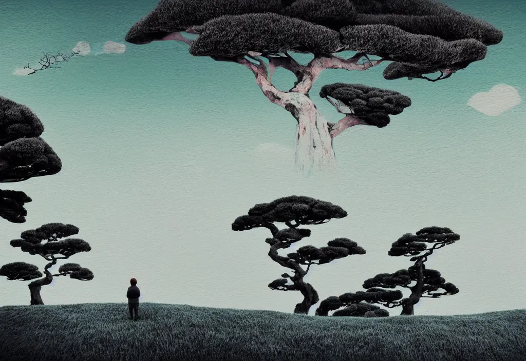 Image similar to low angle seaside windswept trees on a hill overlook sea cliffs, tourist foreground, rural japan, a collage painting, in the style of wes anderson, lola dupre, david hockney, isolated on negative white space background dark monochrome fluorescent neon spraypaint accents volumetric octane render
