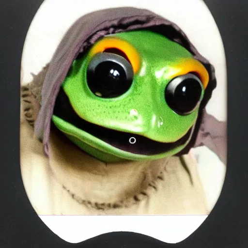 Prompt: polaroid of a creepy frog halloween mask