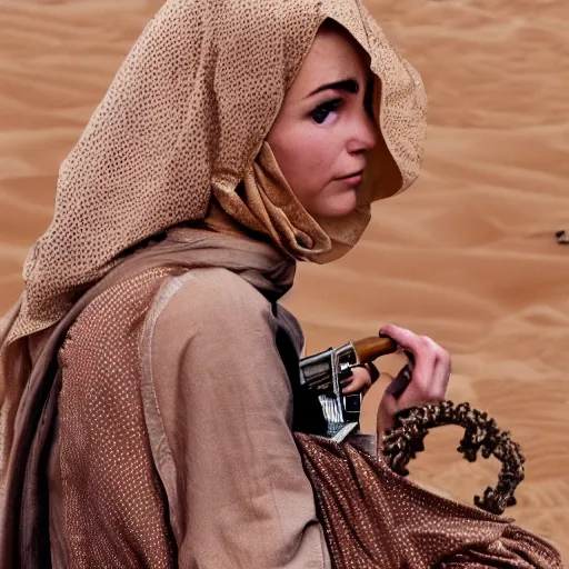 Image similar to anna forsterling and saul bromberger, yulia nevskaya, pulitzer, photorealistic, bokeh, fine hyperrealistic details, intricacy, aesthetic / woman wear burqa ride camel and handling gun in shaaran