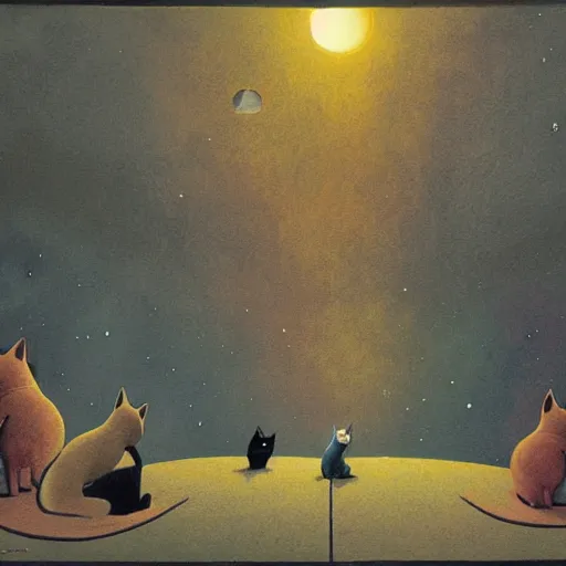 Prompt: meeting of the cats, strange felling, nighttime, artwork by Dan McPharlin and Ralph McQuarrie