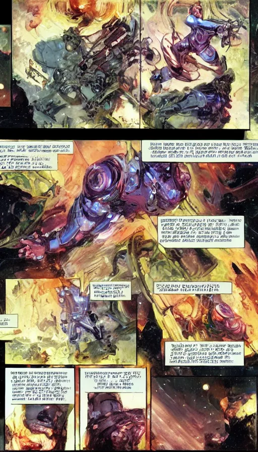 Prompt: 6 panel hard science fiction comic by, john singer sargent, bill sienkiewicz