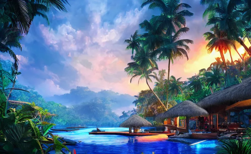 Image similar to a tropical resort in a jungle paradise, with a beautiful red and blue sunset, dynamic lighting, photorealistic fantasy concept art, trending on art station, stunning visuals, creative, cinematic, ultra detailed, ray tracing, sun rays, native tribes, wonderous waters, amazing detail