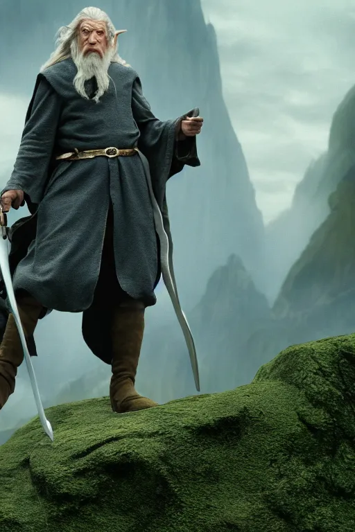 Image similar to film still of gandalf as shrek in lord of the rings movie, glamour pose, dramatic lighting, octane, volumetric lighting, 8 k