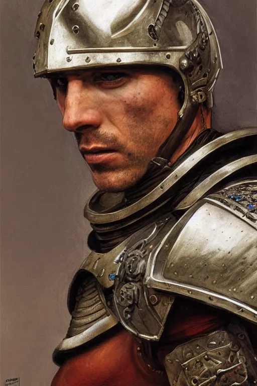 Image similar to portrait of an armoured gladiator, by giancola, very detailed art, muscular, elegant, sophisticated, high resolution, smooth