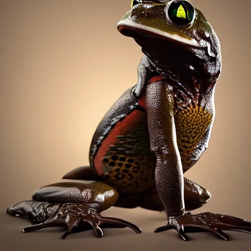 Image similar to photograph of wonderful batman cane toad with smooth froggy batsuit, alluring hero pose, its just a frog wearing a costume, painterly, breathtaking stande, triumphant, ornate, intricate, hyper detailed, accent lighting, dramatic light, 4 k octane render