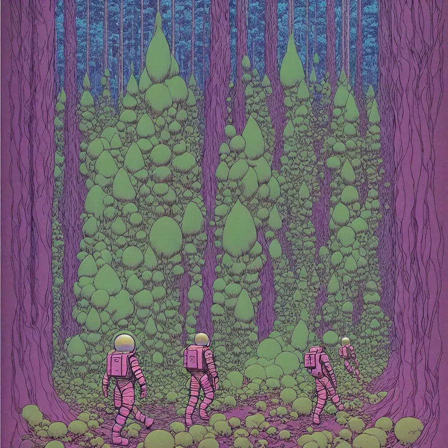 Prompt: ( ( ( ( astronauts walking through a mysterious forest, with decorative frame design ) ) ) ) by mœbius!!!!!!!!!!!!!!!!!!!!!!!!!!!, overdetailed art, colorful, artistic record jacket design