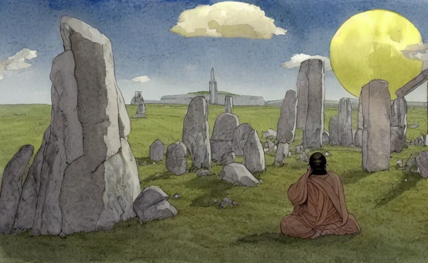 Image similar to a hyperrealist watercolor fantasy concept art of giant monk with a long forehead in grey robes sitting in stonehenge. several large stones are floating in the air. in the background a large ufo is in the sky. by rebecca guay, michael kaluta, charles vess