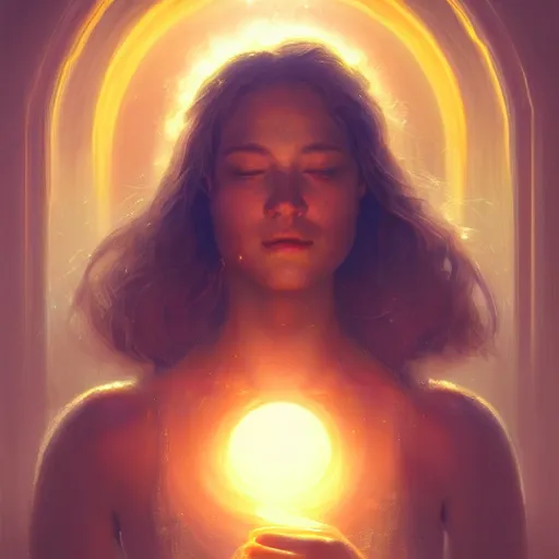 Image similar to Portrait of a light being, radiant, glowing light, filaments of light everywhere, intricate, cinematic lighting, highly detailed, digital painting, artstation, concept art, smooth, sharp focus, illustration, art by Artgerm and Greg Rutkowski, Cgsociety