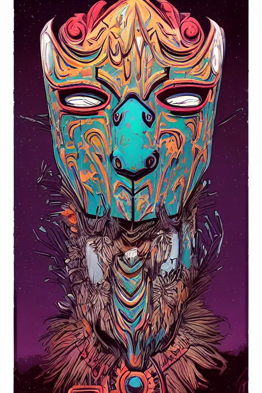 Image similar to totem animal tribal chaman vodoo mask feather gemstone plant wood rock video game illustration vivid color borderlands by josan gonzales and dan mumford radiating a glowing aura