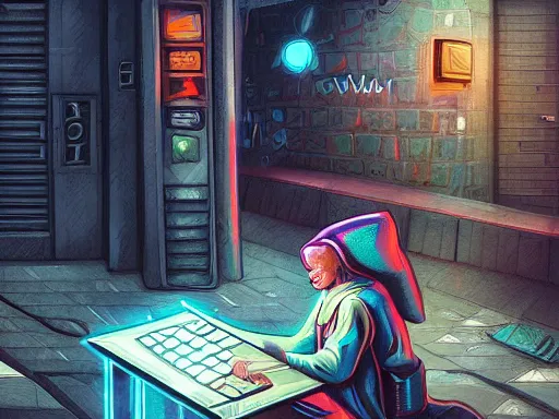 Prompt: a techno wizard grandma sitting in a cyberpunk alley with a laptop in the style of Greg Rutowski , artstation, detailed, cinematic