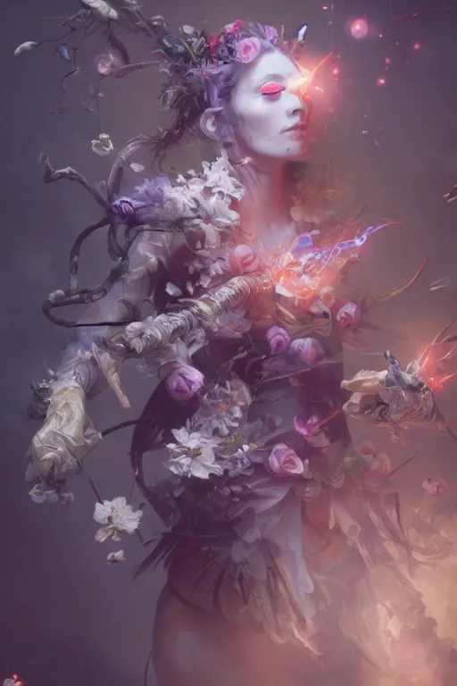 Image similar to beautiful girl necromancer, witch - doctor exploding into flowers, angels, 3 d render, hyper - realistic detailed portrait, holding electricity and birds, ruan jia, wlop. scifi, fantasy, hyper detailed, octane render, concept art, peter mohrbacher