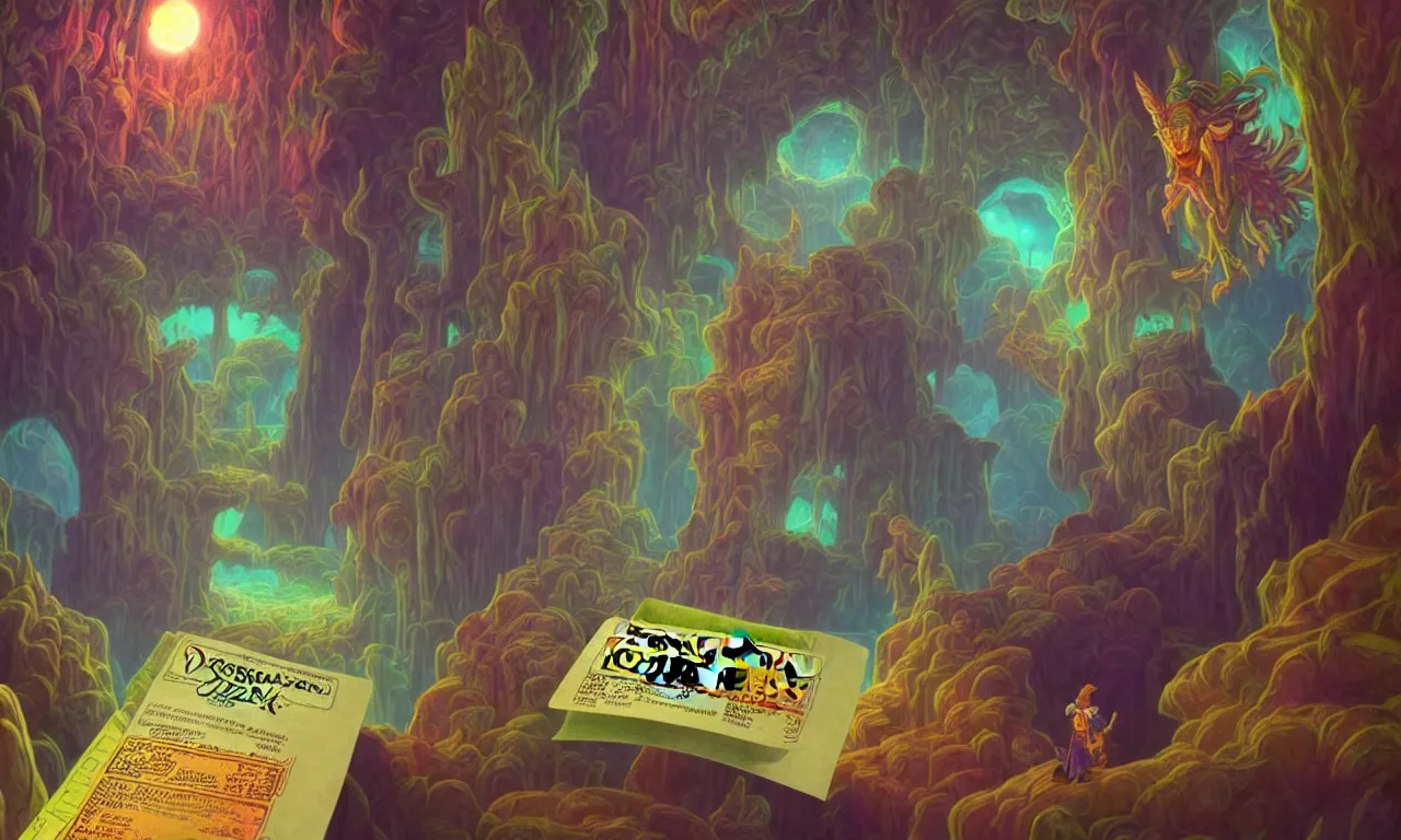 Image similar to large kerberos realm, wizard issues ticket close up, reading a directory, colorful ravine, 3 d art, digital illustration, perfect lighting