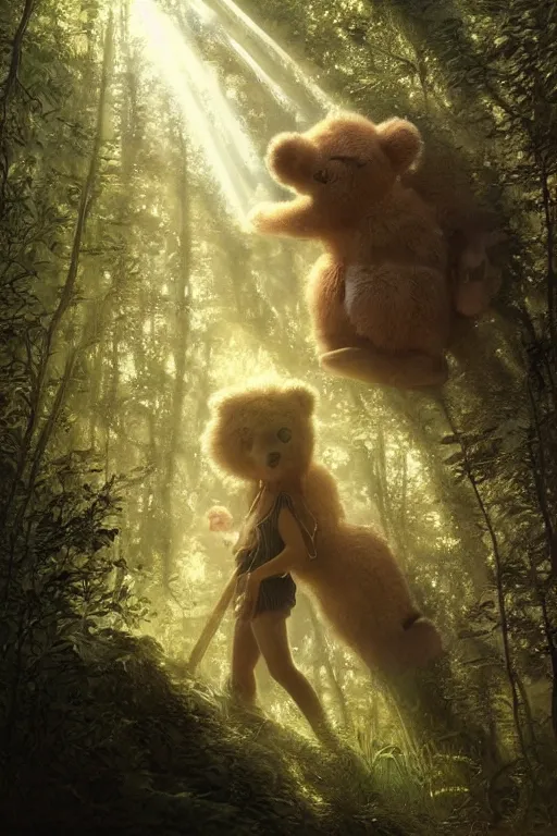 Image similar to mean fluffy teddybear protecting girl in a forest with rays of light coming through the canopy, masterpiece, dystopian, sci-fi, extremely detailed, digital painting, sculpted in zbrush, artstation, concept art, smooth, sharp focus, illustration, chiaroscuro lighting, golden ratio, incredible art, artgerm, greg rutkowski, alphonse mucha, simon stalenhag, carravaggio