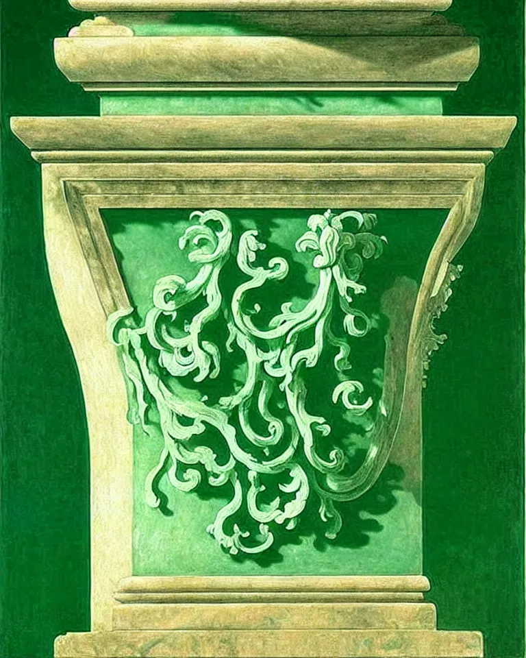 Image similar to achingly beautiful painting of intricate ancient roman corinthian capital on jade background by rene magritte, monet, and turner. giovanni battista piranesi.