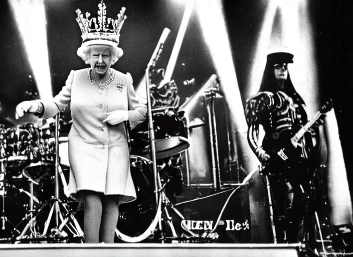 Image similar to publicity photo still of queen elizabeth in a death metal band playing live on stage, 8 k, live concert lighting, mid shot