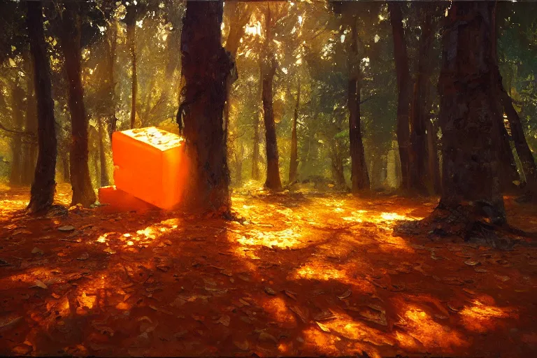 Prompt: An oil painting of an orange cube in a forest by Craig Mullins, dramatic lighting, realistic shadows, establishing shot, extremely high detail, artstation