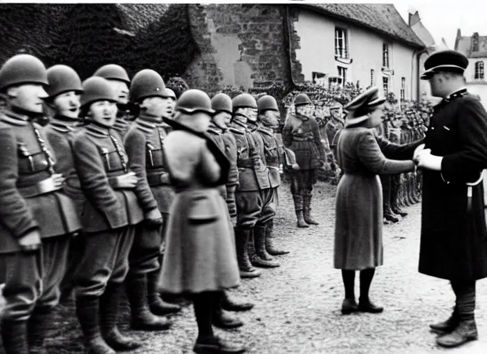 Image similar to ultra wide 1 9 4 6 blurry historical far away photo a german general surrendering to young queen elizabeth in a french village, her corgis are nearby highly detailed, sharp focus