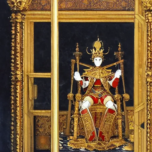 Prompt: a king in a suit of ornate brass armor sitting on a throne in a regal court with a window behind him that looks out into space, by yoshitaka amano, oil paint