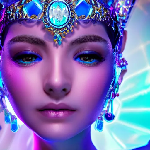 Image similar to photo of wonderful princess of sapphire with fair skin, she has her eyes closed, glowing, ornate and intricate blue jewelry, jaw dropping beauty, eyepopping colors, dynamic lighting, glowing background lighting, blue accent lighting, photorealistic, hyper detailed, award winning photography, 4 k octane render