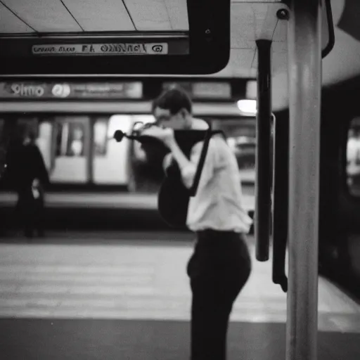 Image similar to photo, violin player, london underground, 5 0 mm f / 1. 4, cinestill 8 0 0,