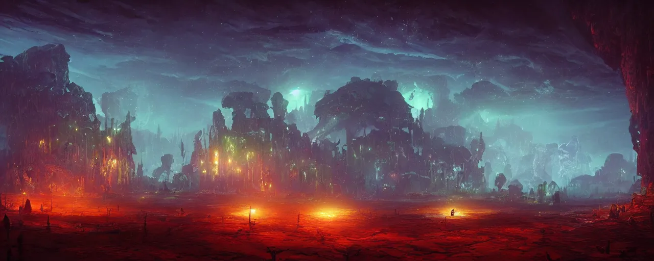 Image similar to ” otherwordly landscape at night, [ bioluminescense, cinematic, detailed, epic, widescreen, opening, establishing, mattepainting, photorealistic, realistic textures, octane render, art by slop and paul lehr ] ”