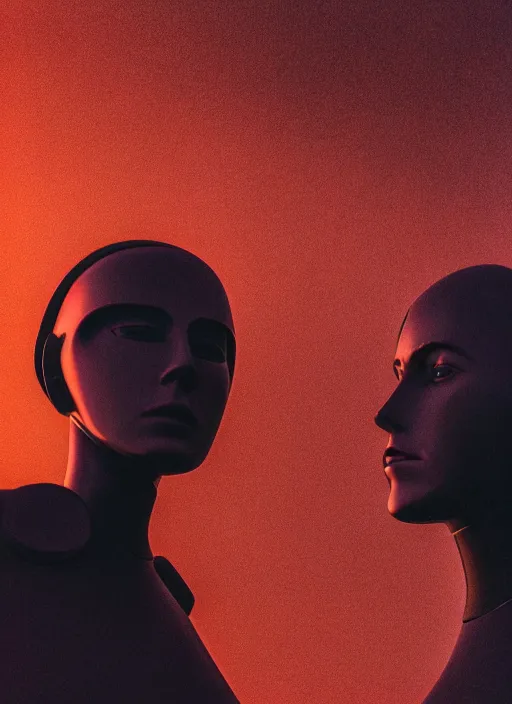 Image similar to cinestill 5 0 d photographic portrait of two loving female androids wearing rugged black techwear on a desolate plain with a red sky in front of a brutalist sculpture, extreme closeup, cyberpunk style, dust storm, 8 k, hd, high resolution, 3 5 mm, f / 3 2, ultra realistic faces, ex machina