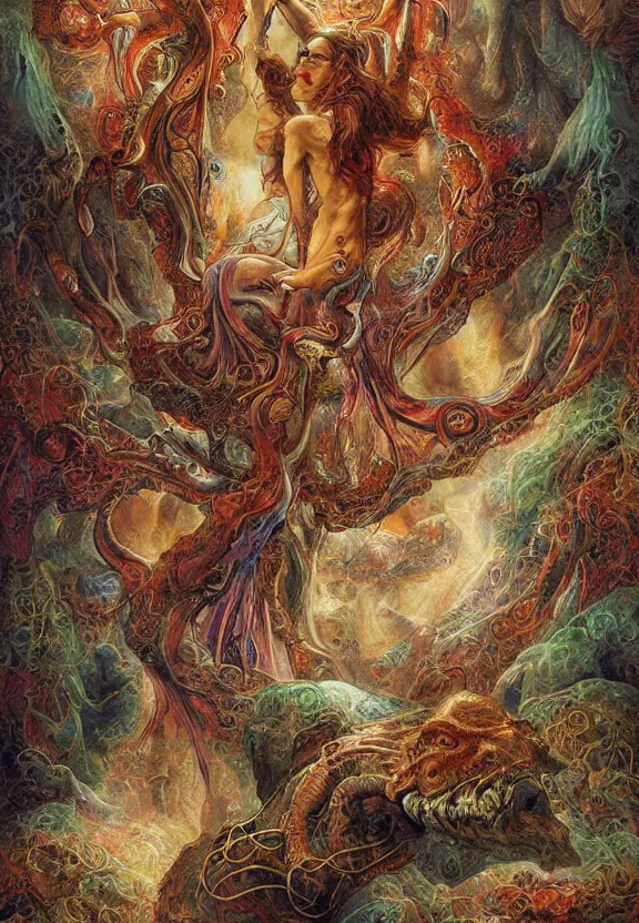 Image similar to simplicity, colorful muscular eldritch demons radiating town fractal, mandala, white bones, colorful gems, by h. r. giger and esao andrews and maria sibylla merian eugene delacroix, gustave dore, thomas moran, pop art, chiaroscuro, biopunk, art nouveau