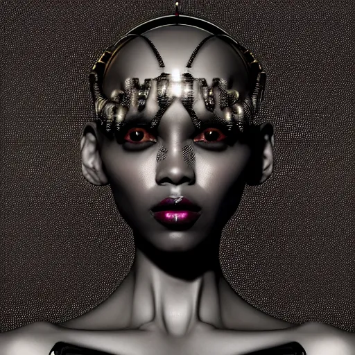 Image similar to portrait of an absurdly beautiful, graceful, sophisticated, fashionable black cyberpunk mechanoid gravure idol, hyperdetailed illustration by irakli nadar, adut akech, matt wisniewski style, intricate linework, dark black porcelain skin, jellyfish headdress, unreal engine 5 highly rendered, global illumination, red light, detailed and intricate environment