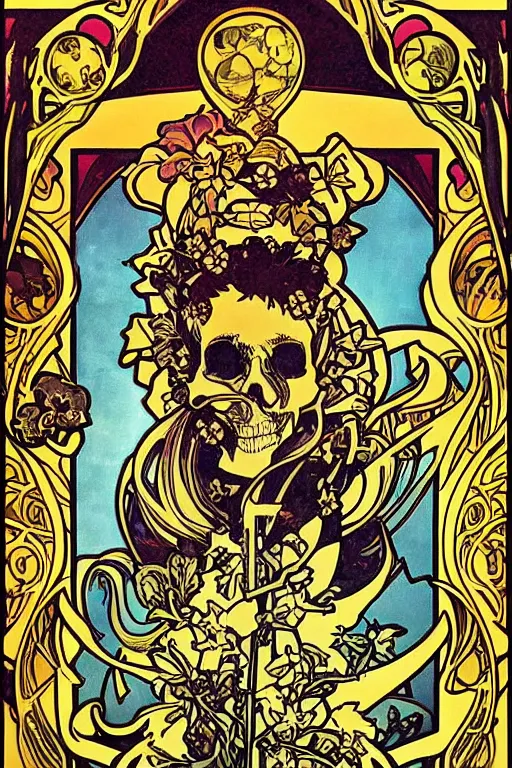 Prompt: skull of pikachu pokemon portrait in tarot style by Alphonse Mucha, detailed intricate, art nouveau