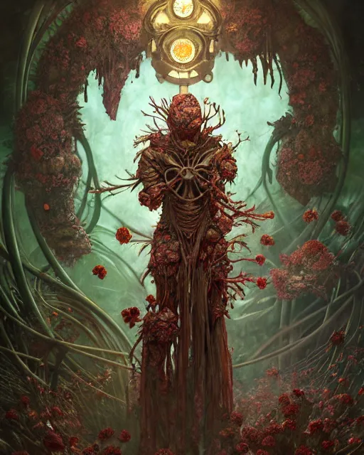 Image similar to the platonic ideal of flowers, rotting, insects and praying of cletus kasady carnage davinci dementor wild hunt chtulu mandelbulb mandala ponyo bioshock the witcher, d & d, fantasy, ego death, decay, dmt, psilocybin, concept art by randy vargas and greg rutkowski and ruan jia and alphonse mucha