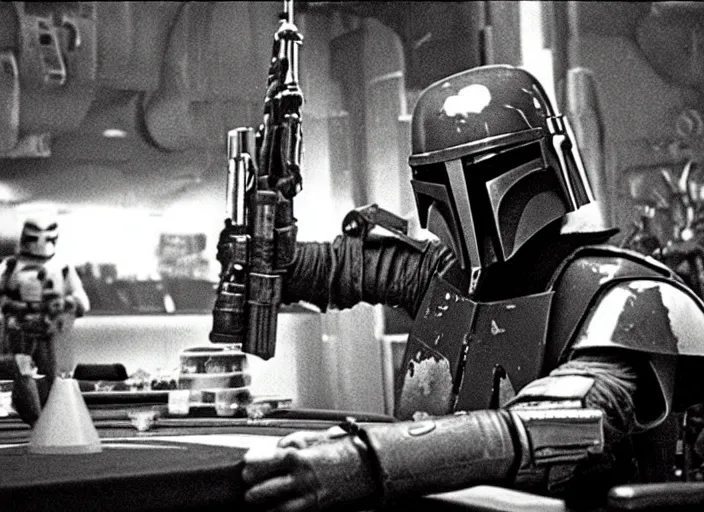 Image similar to film still of Boba Fett gambling in vegas in Star Wars The Empire Strikes Back,