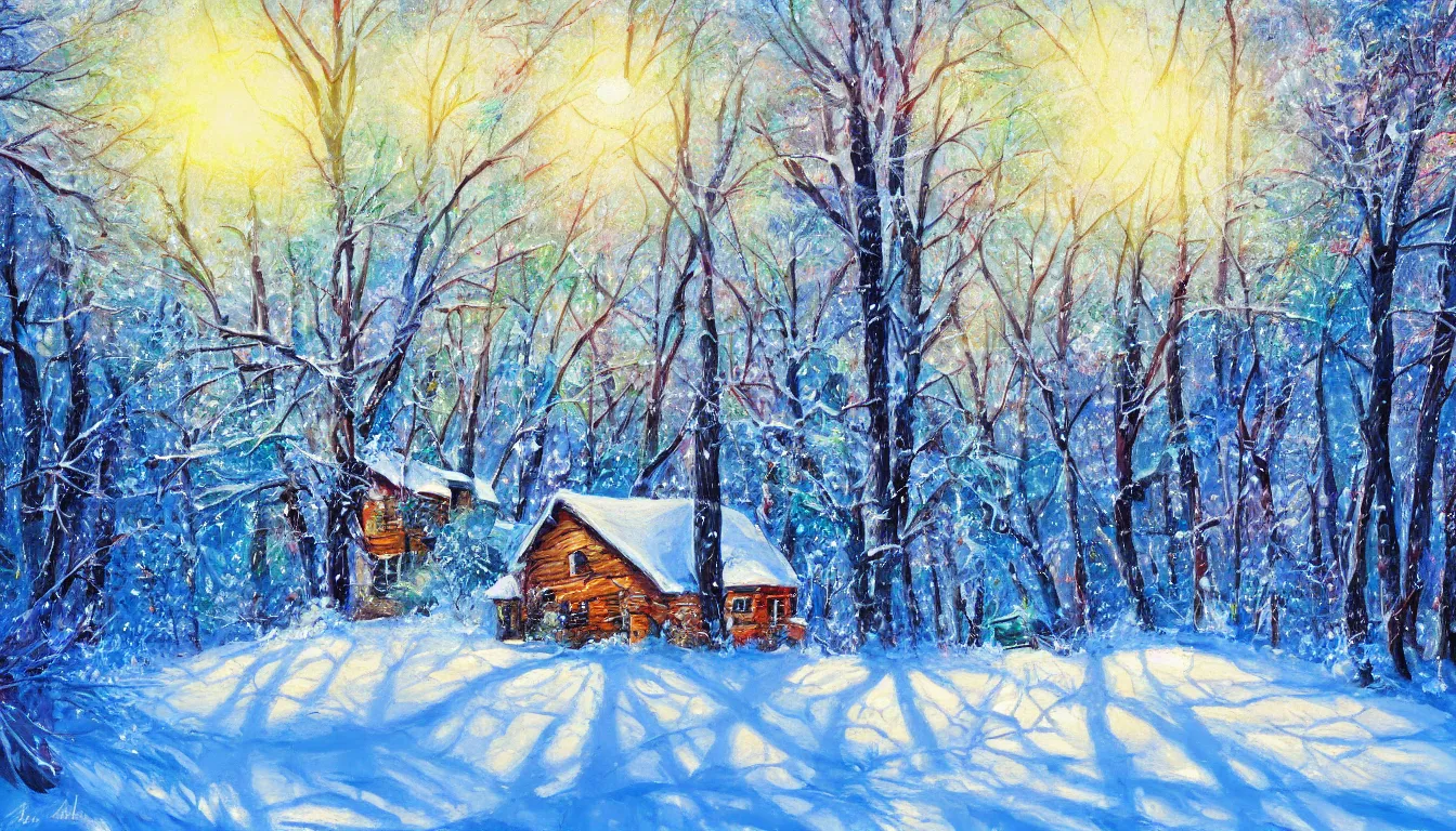 Image similar to ! dream painting of winter blizzard of house in the woods, sunny evening, artistic, brush, strokes, colourfull, very detailed, 4 k