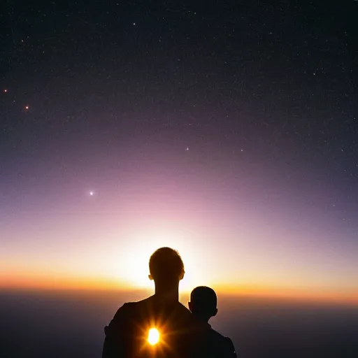 Image similar to silhouette of a gay couple looking at the sunrise from space