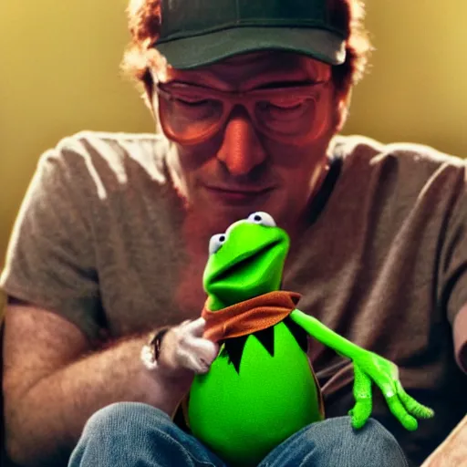 Image similar to candid photo of kermit the frog sitting on the couch smoking out of a bong, ted ( 2 0 1 2 ) bong scene, kermit the frog, high resolution photo, trending on artstation, interior design