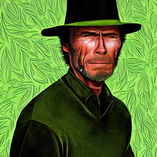 Image similar to portrait of clint eastwood, veiny green, looking like leaves