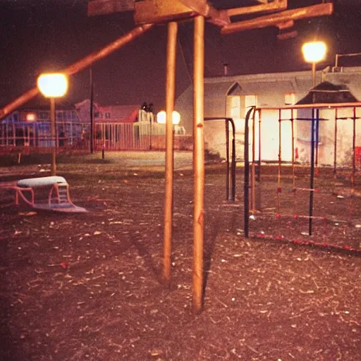 Image similar to an eerie photo of an abandoned children's playground from the 1 9 9 0 s at night, disposable film