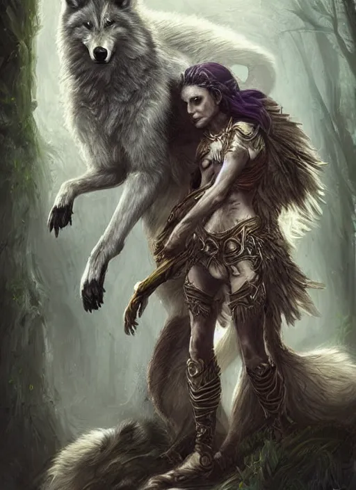 Image similar to digital _ painting _ of _ a female druid with her wolf companion _ by _ filipe _ pagliuso _ and _ justin _ gerard _ symmetric _ fantasy _ highly _ detailed _ realistic _ intricate _ port