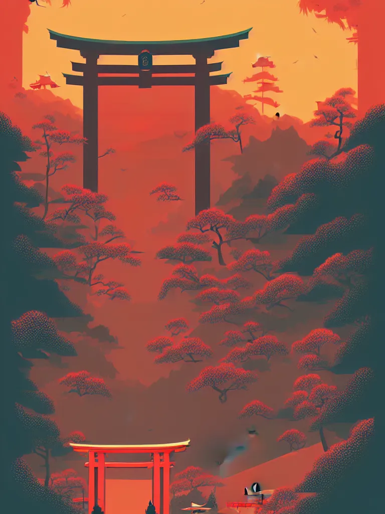 Image similar to a travel poster illustration depicting a japanese torii gate, vintage style, detailed illustration, digital painting, vector art, trending on artstration, by anton fadeev, by alena aenami