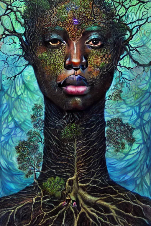 Prompt: hyperrealistic expressive! black woman with detailed exoskeleton armor, becoming tree in a forest, digital art masterpiece hannah yata brad kunkle dramatic blue light low angle hd 8k sharp focus