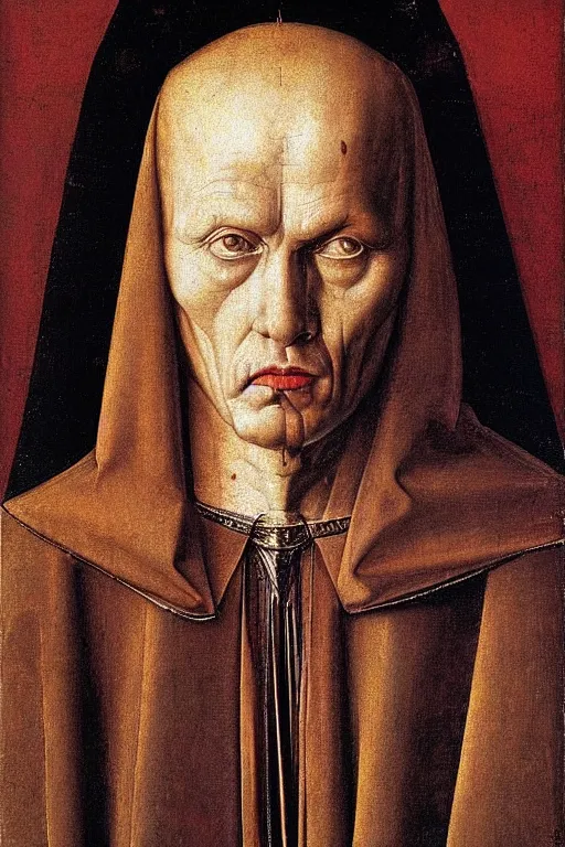 Prompt: portrait of satan, disturbing oil painting by jan van eyck, northern renaissance art, oil on canvas, wet - on - wet technique, realistic, expressive, detailed textures, illusionistic detail