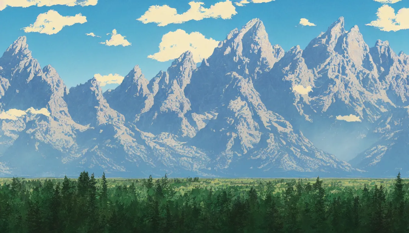 Image similar to view of the Grand Teton mountains in Studio Ghibli style, 4k