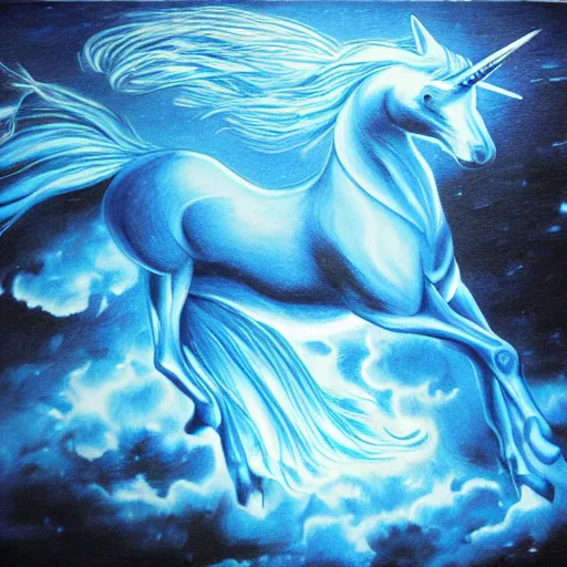 Prompt: blue unicorn, its skin is recovered by blue electrical discharges, it's running etween a storm, the floor is a very big field of black rock, high - quality, realistic, there is space around the figure