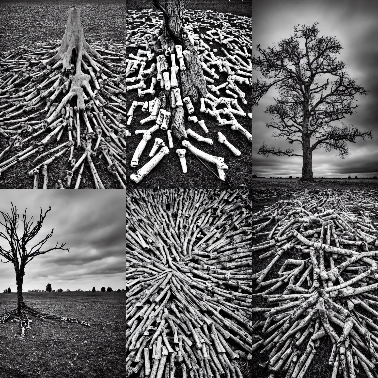 Prompt: wide-angle lens photo of a tree made out of bones growing in an empty field, overcast day, dark, ominous, Nikon 10mm, high quality, 4k