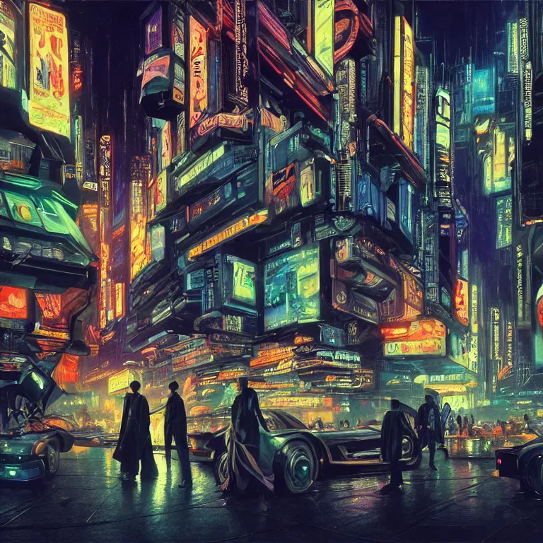 Prompt: night life with people dressed in futuristic clothes, cyberpunk designs, futuristic vehicles, automations, and faint glows of vivid color, cinematic, highly detailed, intricate, hd quality, realism, from blade runner concept art, matte painting, 8 k resolution, by noriyoshi ohrai and edward hopper
