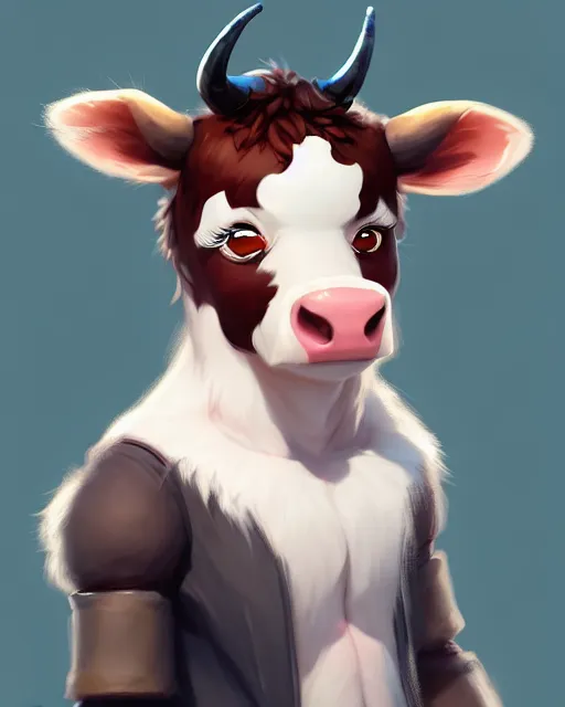 Image similar to character concept art of a cute young male anthropomorphic furry cow | | cute - fine - face, pretty face, key visual, realistic shaded perfect face, fine details by stanley artgerm lau, wlop, rossdraws, james jean, andrei riabovitchev, marc simonetti, and sakimichan, trending on artstation