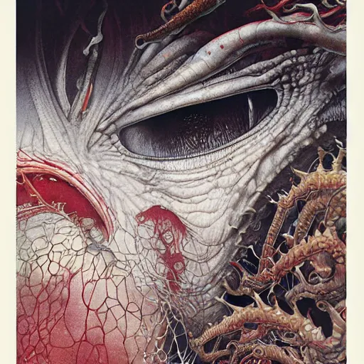 Image similar to hyper realistic portrait of, ‘ the carnivorous alien ’. an award winning yoshitaka amano digital art poster, by james gurney and gerhard richter. art by takato yamamoto. masterpiece, rich colours.
