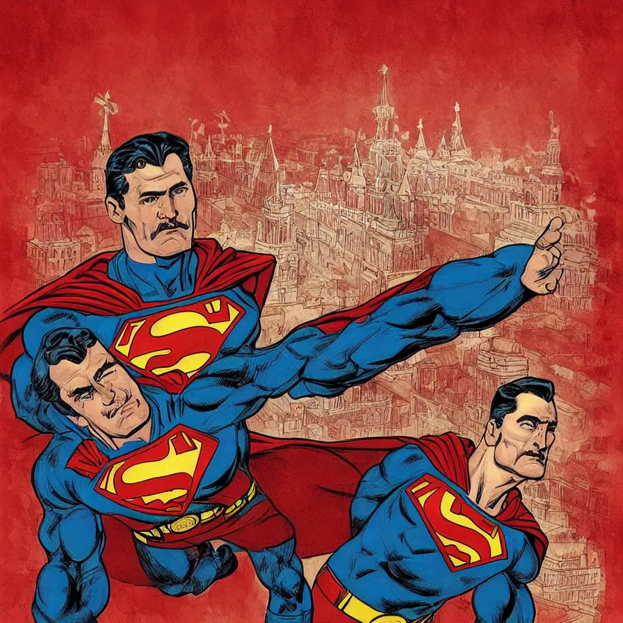 Image similar to epic comic book cover of stalin as superman floating over the red square ( moscow ), socialist realism, aesthetically pleasing, finely detailed facial features, hyperrealistic, intricate digital art, trending artstation, artgem, rich moody colors, fan art, concept art, in the style of the red son, by cory walker and ryan ottley