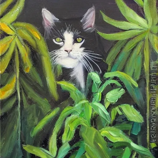 Prompt: palette knife oil painting of a cat surrounded by plants