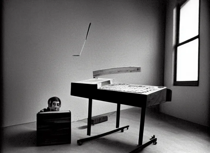Prompt: realistic photo portrait of the a computer of wood, poorly designed in style of arte povera, fluxus, dadaism, joseph beuys, ugly made, levitating in the living room wooden walls 1 9 9 0, life magazine reportage photo